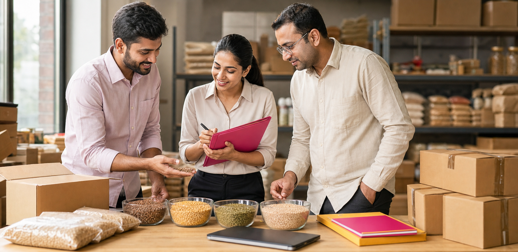 Professional team reviewing quality food commodities