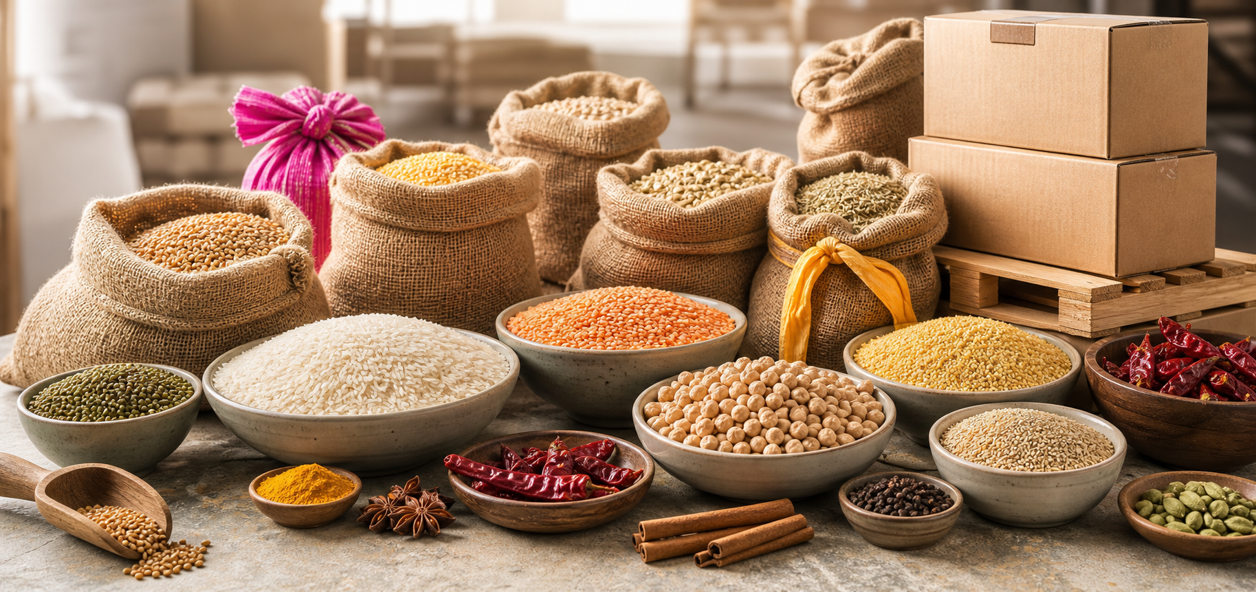 Organised portfolio of grains, pulses, spices, and packaged commodity supplies
